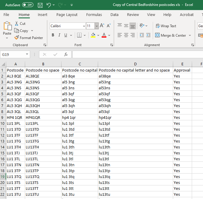 Postcode eligibility checker, using AL3 8QE 'Spreadsheet to form' widget